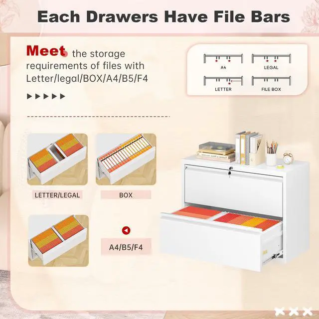 Alt view image 4 of 7 - Lateral File Cabinet 2 Drawer Metal File Cabinet with Lock, White Filing Cabinets for Home Office, Locking Filing Cabinets Hanging Files Letter/Legal/F4/A4