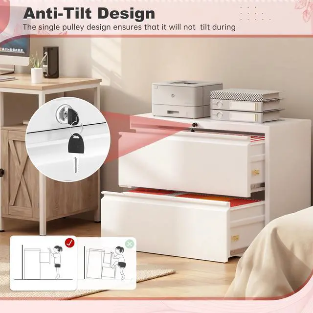 Alt view image 5 of 7 - Lateral File Cabinet 2 Drawer Metal File Cabinet with Lock, White Filing Cabinets for Home Office, Locking Filing Cabinets Hanging Files Letter/Legal/F4/A4