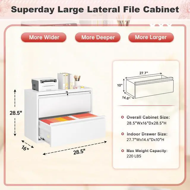 Alt view image 3 of 7 - Lateral File Cabinet 2 Drawer Metal File Cabinet with Lock, White Filing Cabinets for Home Office, Locking Filing Cabinets Hanging Files Letter/Legal/F4/A4