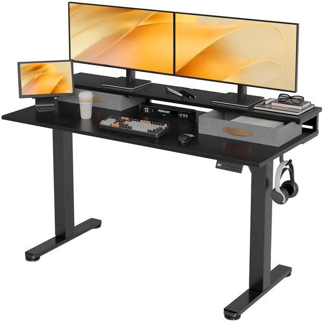 Main image of Electric Standing Desk with 2 Drawers, 55 Inch, Black | Adjustable height desk with 2 drawers, open cubicle, monitor shelf, cable management, built-in hooks for home office