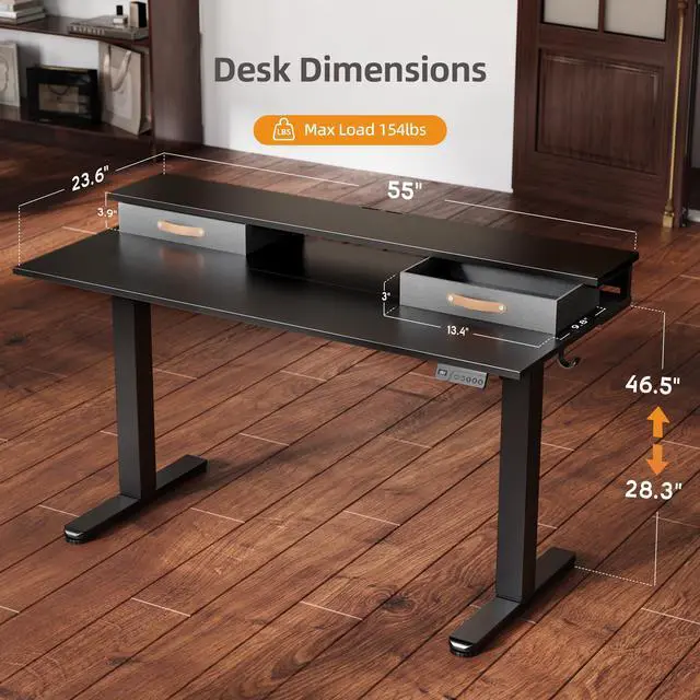 Alt view image 3 of 7 - Electric Standing Desk with 2 Drawers, 55 Inch, Black | Adjustable height desk with 2 drawers, open cubicle, monitor shelf, cable management, built-in hooks for home office