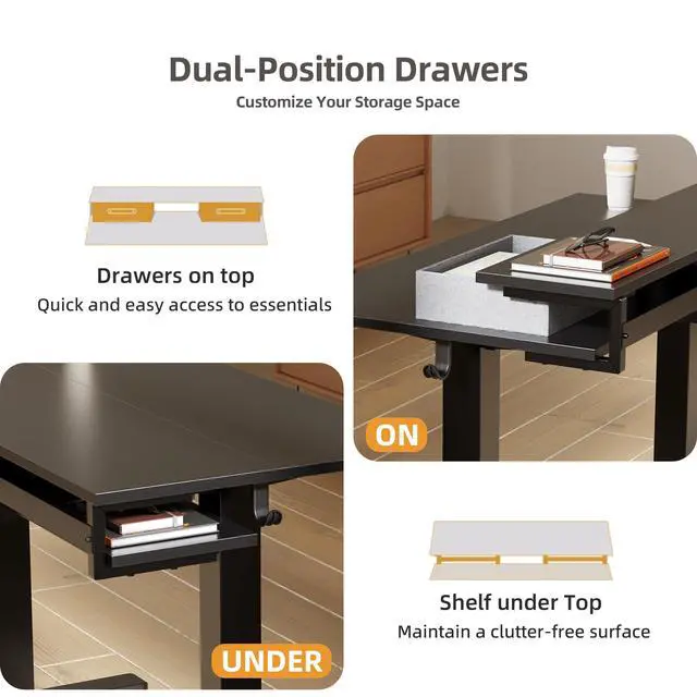 Alt view image 5 of 7 - Electric Standing Desk with 2 Drawers, 55 Inch, Black | Adjustable height desk with 2 drawers, open cubicle, monitor shelf, cable management, built-in hooks for home office