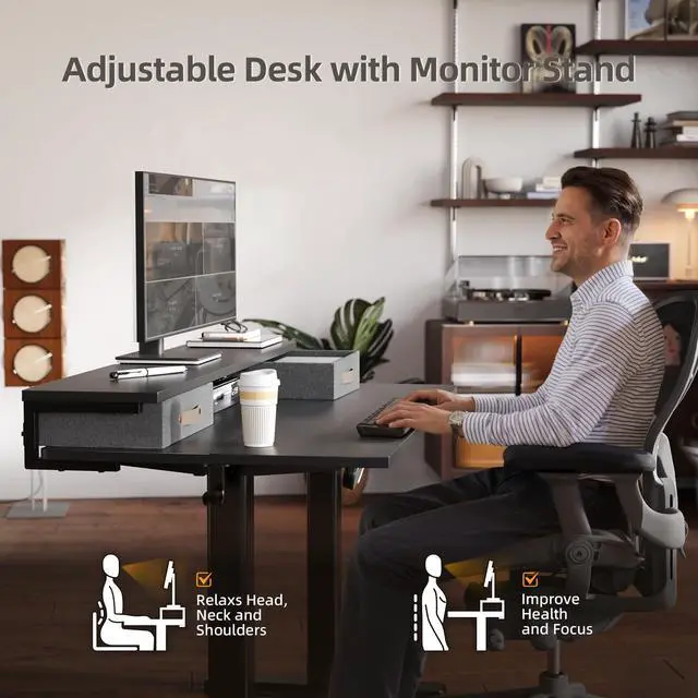 Alt view image 6 of 7 - Electric Standing Desk with 2 Drawers, 55 Inch, Black | Adjustable height desk with 2 drawers, open cubicle, monitor shelf, cable management, built-in hooks for home office