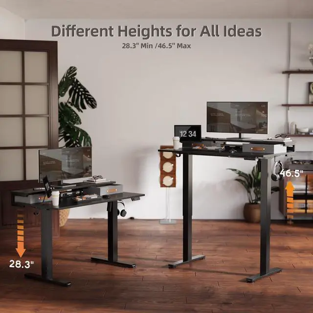 Alt view image 7 of 7 - Electric Standing Desk with 2 Drawers, 55 Inch, Black | Adjustable height desk with 2 drawers, open cubicle, monitor shelf, cable management, built-in hooks for home office