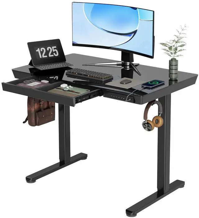 Main image of Glass Standing Desk with Drawers, 40 x 24 Inch Electric Stand Up Desk with USB Ports, Adjustable Height for Home Office, Black