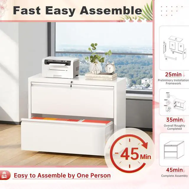 Alt view image 7 of 7 - Lateral File Cabinet 2 Drawer Metal File Cabinet with Lock, White Filing Cabinets for Home Office, Locking Filing Cabinets Hanging Files Letter/Legal/F4/A4