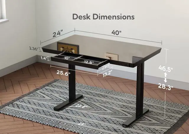 Alt view image 3 of 7 - Glass Standing Desk with Drawers, 40 x 24 Inch Electric Stand Up Desk with USB Ports, Adjustable Height for Home Office, Black