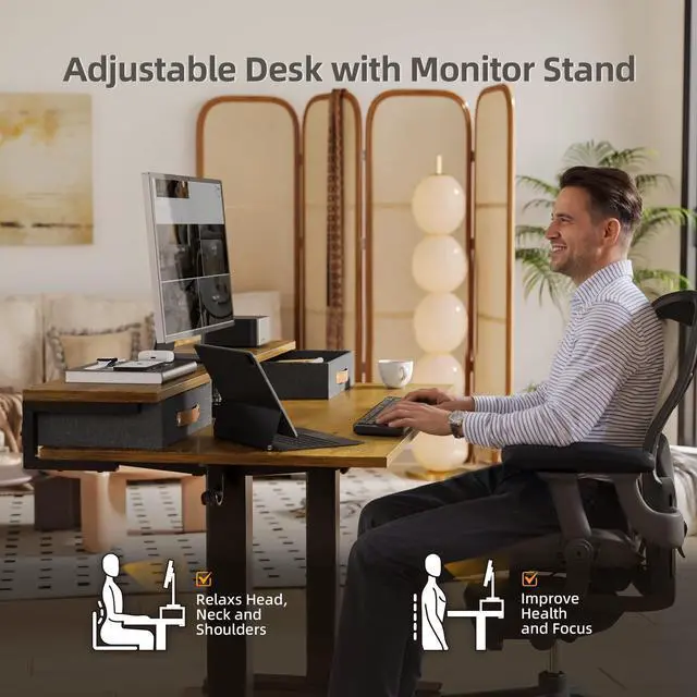 Alt view image 4 of 7 - Electric Standing Desk with 2 Drawers, 48 Inch, Rustic Brown | Adjustable height desk with 2 drawers, open cubicle, monitor shelf, cable management, built-in hooks for home office