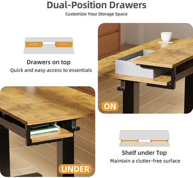 Alt view image 5 of 7 - Electric Standing Desk with 2 Drawers, 48 Inch, Rustic Brown | Adjustable height desk with 2 drawers, open cubicle, monitor shelf, cable management, built-in hooks for home office