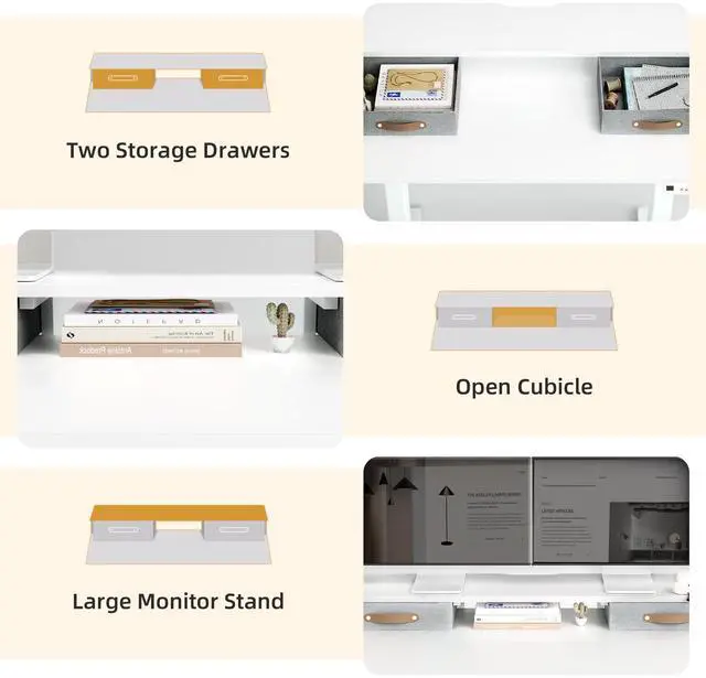 Alt view image 4 of 6 - Electric Standing Desk with 2 Drawers, 48 Inch, White | Adjustable height desk with 2 drawers, open cubicle, monitor shelf, cable management, built-in hooks for home office