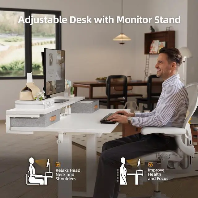 Alt view image 6 of 6 - Electric Standing Desk with 2 Drawers, 48 Inch, White | Adjustable height desk with 2 drawers, open cubicle, monitor shelf, cable management, built-in hooks for home office