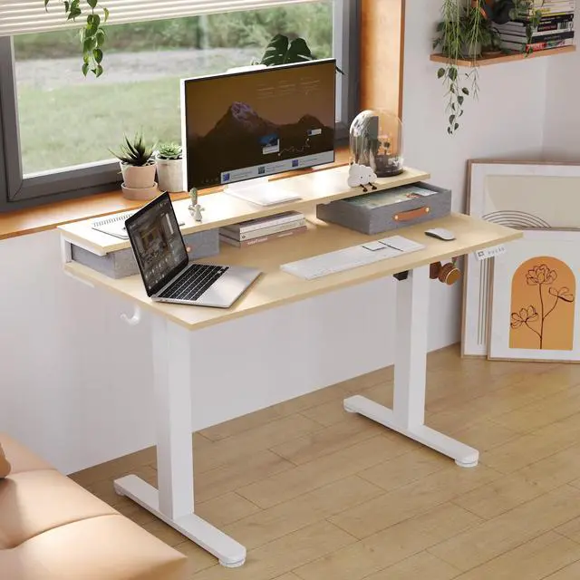 Alt view image 2 of 7 - Electric Standing Desk with 2 Drawers, 55 Inch, Natural | Adjustable height desk with 2 drawers, open cubicle, monitor shelf, cable management, built-in hooks for home office