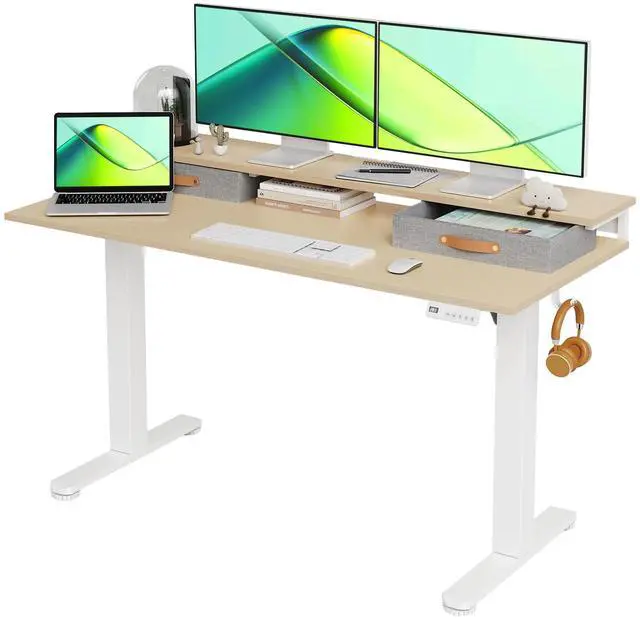 Main image of Electric Standing Desk with 2 Drawers, 55 Inch, Natural | Adjustable height desk with 2 drawers, open cubicle, monitor shelf, cable management, built-in hooks for home office