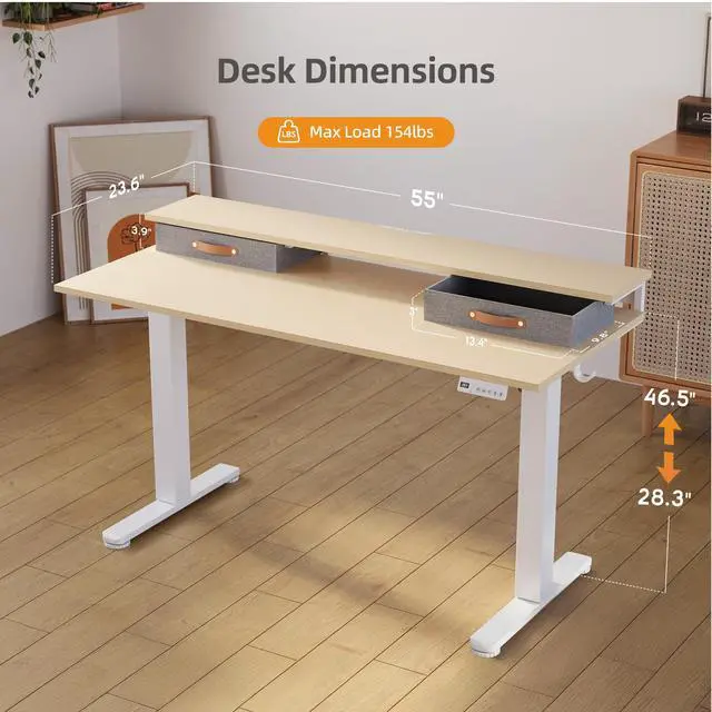 Alt view image 3 of 7 - Electric Standing Desk with 2 Drawers, 55 Inch, Natural | Adjustable height desk with 2 drawers, open cubicle, monitor shelf, cable management, built-in hooks for home office