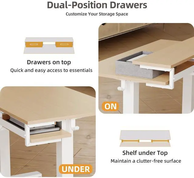 Alt view image 6 of 7 - Electric Standing Desk with 2 Drawers, 55 Inch, Natural | Adjustable height desk with 2 drawers, open cubicle, monitor shelf, cable management, built-in hooks for home office