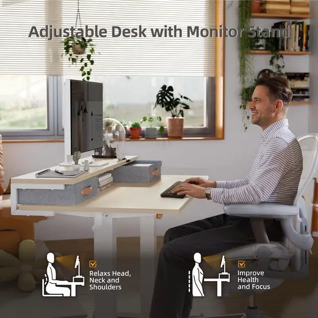 Alt view image 5 of 7 - Electric Standing Desk with 2 Drawers, 55 Inch, Natural | Adjustable height desk with 2 drawers, open cubicle, monitor shelf, cable management, built-in hooks for home office