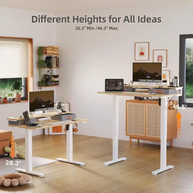 Alt view image 7 of 7 - Electric Standing Desk with 2 Drawers, 55 Inch, Natural | Adjustable height desk with 2 drawers, open cubicle, monitor shelf, cable management, built-in hooks for home office