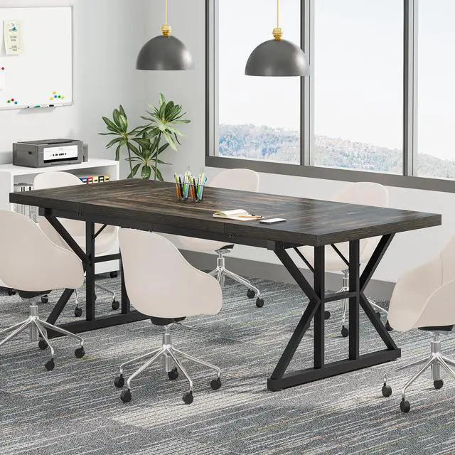 Alt view image 3 of 7 - 6FT Conference Table, 70.86 L x 31.49 W x 29.52 H Inches Rectangle Meeting Room Table, Rustic Wood Seminar Table Executive Desk for Office, Conference Room (Black Oak)