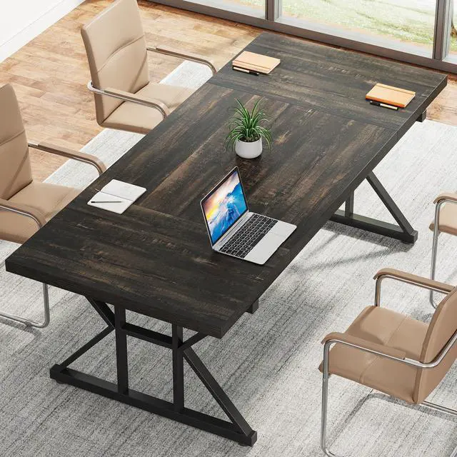 Alt view image 5 of 7 - 6FT Conference Table, 70.86 L x 31.49 W x 29.52 H Inches Rectangle Meeting Room Table, Rustic Wood Seminar Table Executive Desk for Office, Conference Room (Black Oak)