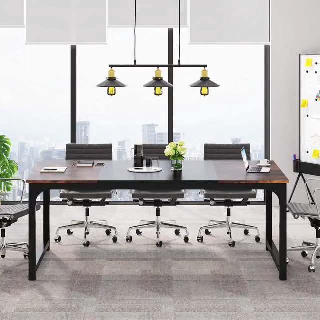 Alt view image 3 of 7 - Conference Table, 6FT Meeting Seminar Table Rectangular Meeting Room Table, 70.8L x 31.5W x 29.5H, Rustic Brown/Black