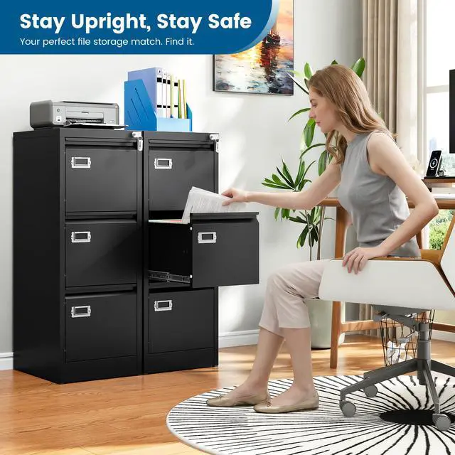 Alt view image 2 of 7 - 3-Drawer File Cabinet, 16.3" Deep Vertical Filing Cabinet with Lock, Metal File Cabinet for Home Office, Anti-Tip 3 Storage Drawers for Letter/Legal/A4/F4 Size, Assembly Required, Black