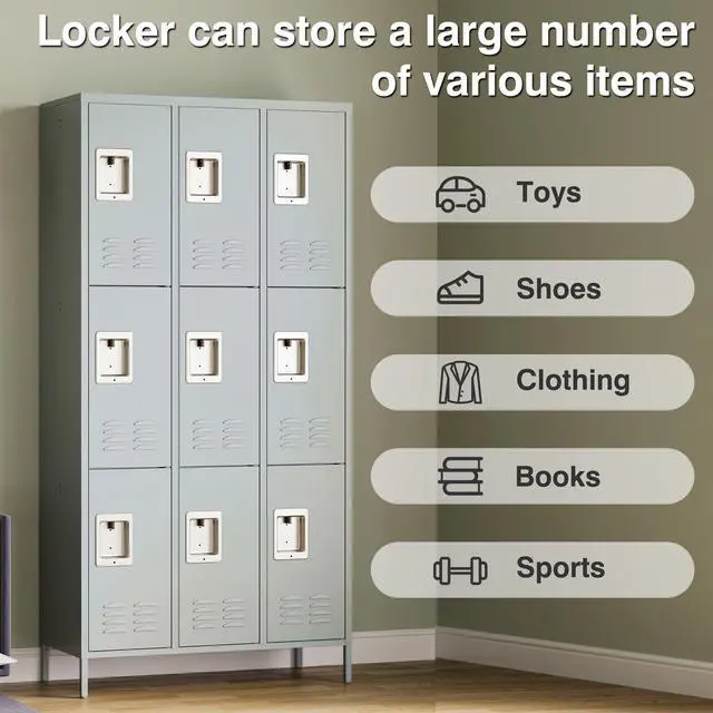 Alt view image 3 of 5 - Metal Lockers for Employees - 9 Door Steel Large School Office Home Gym Garage Locker Cabinet