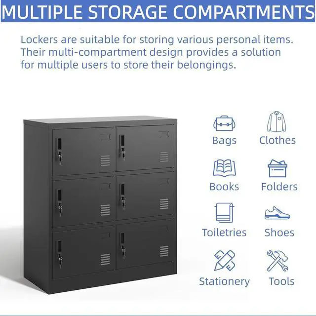 Alt view image 4 of 7 - 6 Doors Metal Locker for Employees, Lockable Storage Lockers for Home Office School Gym, Unassembled, Black
