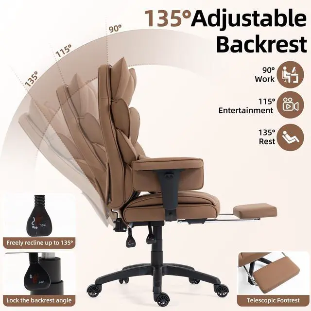 Alt view image 3 of 6 - Office Chair,Executive Ergonomic Office Chair with Pocket Spring Cushion, High Back Computer Gaming Chair with Adjustable Armrests, Lumbar Support, Footrest, Executive Chair - Brown PU Leather