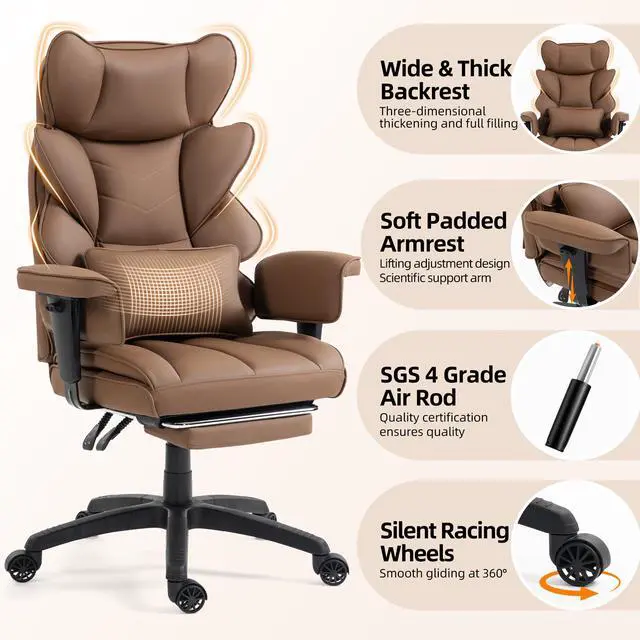 Alt view image 4 of 6 - Office Chair,Executive Ergonomic Office Chair with Pocket Spring Cushion, High Back Computer Gaming Chair with Adjustable Armrests, Lumbar Support, Footrest, Executive Chair - Brown PU Leather