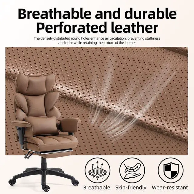 Alt view image 6 of 6 - Office Chair,Executive Ergonomic Office Chair with Pocket Spring Cushion, High Back Computer Gaming Chair with Adjustable Armrests, Lumbar Support, Footrest, Executive Chair - Brown PU Leather