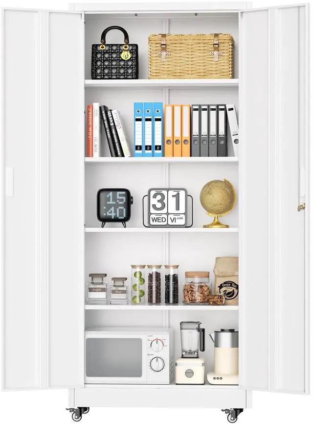 Main image of Metal Storage Cabinet with Wheels, 73" H Rolling Metal Cabinets with Doors and Shelves, White Steel Lockable Cabinet on Wheels for Garage Storage