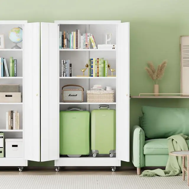 Alt view image 2 of 7 - Metal Storage Cabinet with Wheels, 73" H Rolling Metal Cabinets with Doors and Shelves, White Steel Lockable Cabinet on Wheels for Garage Storage