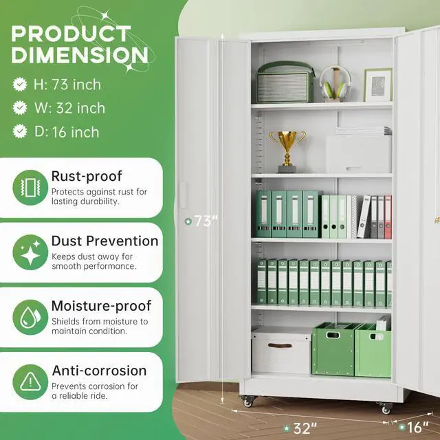 Alt view image 3 of 7 - Metal Storage Cabinet with Wheels, 73" H Rolling Metal Cabinets with Doors and Shelves, White Steel Lockable Cabinet on Wheels for Garage Storage