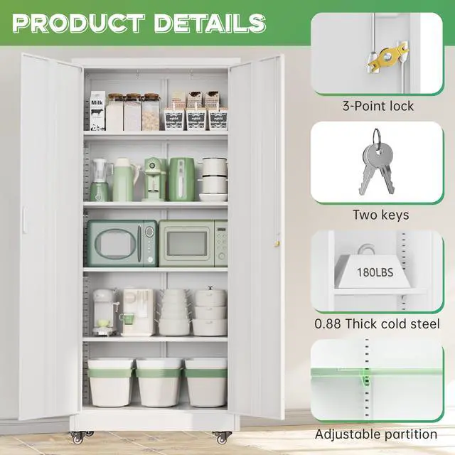 Alt view image 7 of 7 - Metal Storage Cabinet with Wheels, 73" H Rolling Metal Cabinets with Doors and Shelves, White Steel Lockable Cabinet on Wheels for Garage Storage