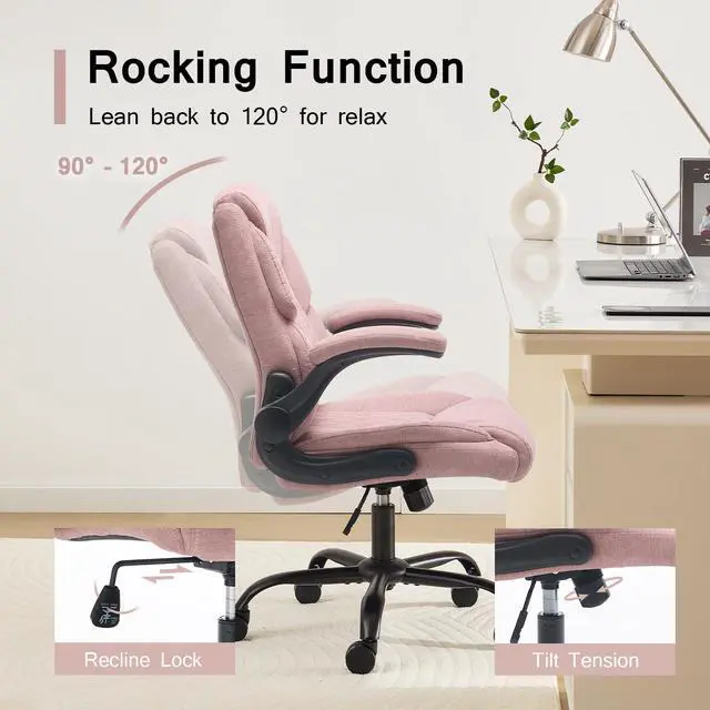 Alt view image 4 of 7 - Fabric Executive Office Chair - Comfy Pink Desk Chair Small Space | with Mid Backrest,5 Wheels,Mid Backrest,Lumbar Support, Height Adjustable,Home Office Reading Gaming Use,for Women Adult