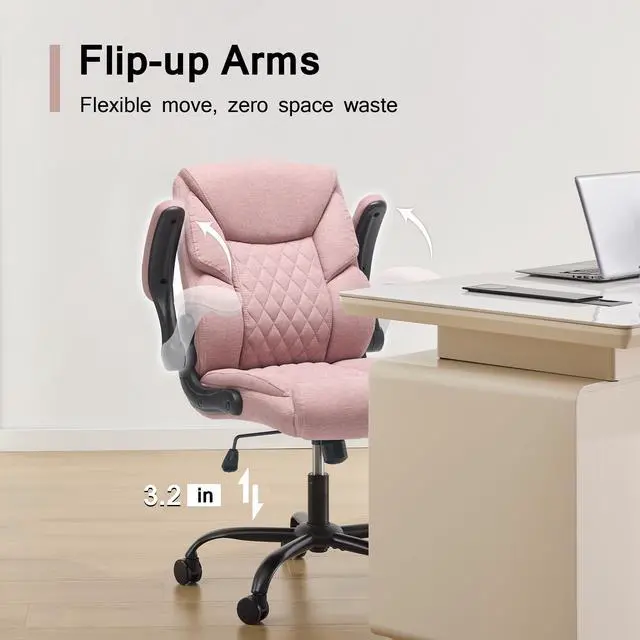Alt view image 5 of 7 - Fabric Executive Office Chair - Comfy Pink Desk Chair Small Space | with Mid Backrest,5 Wheels,Mid Backrest,Lumbar Support, Height Adjustable,Home Office Reading Gaming Use,for Women Adult