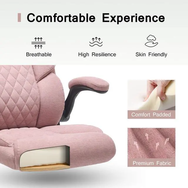 Alt view image 3 of 7 - Fabric Executive Office Chair - Comfy Pink Desk Chair Small Space | with Mid Backrest,5 Wheels,Mid Backrest,Lumbar Support, Height Adjustable,Home Office Reading Gaming Use,for Women Adult