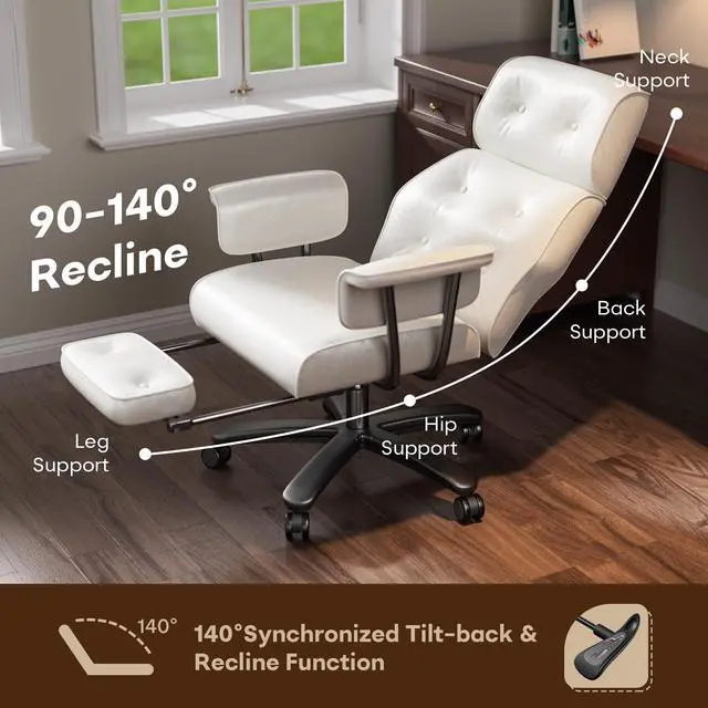Alt view image 3 of 7 - Reclining Criss Cross Office Chair with Wheels & Arms, White | Button-tufted PU leather, retractable footrest, 400 lbs capacity, 10% thickened wide cushion, retro executive design