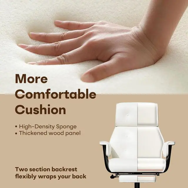 Alt view image 5 of 7 - Reclining Criss Cross Office Chair with Wheels & Arms, White | Button-tufted PU leather, retractable footrest, 400 lbs capacity, 10% thickened wide cushion, retro executive design