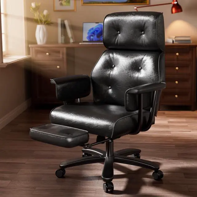 Alt view image 3 of 7 - Reclining Criss Cross Office Chair with Wheels & Arms, Black | Button-tufted PU leather, retractable footrest, 400 lbs capacity, 10% thickened wide cushion, retro executive design