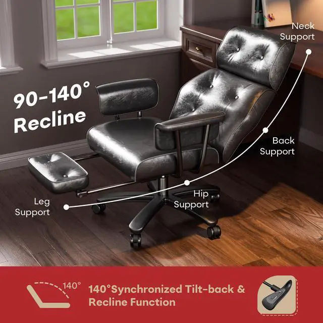 Alt view image 4 of 7 - Reclining Criss Cross Office Chair with Wheels & Arms, Black | Button-tufted PU leather, retractable footrest, 400 lbs capacity, 10% thickened wide cushion, retro executive design