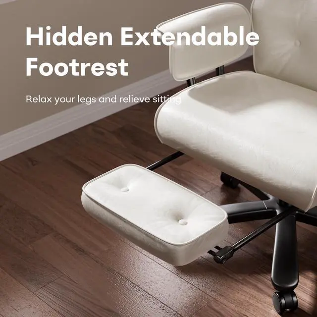 Alt view image 7 of 7 - Reclining Criss Cross Office Chair with Wheels & Arms, White | Button-tufted PU leather, retractable footrest, 400 lbs capacity, 10% thickened wide cushion, retro executive design