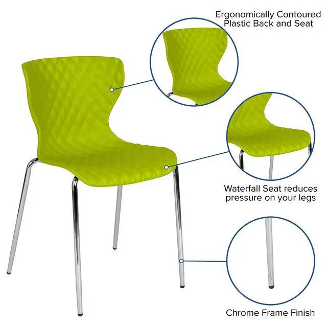 Alt view image 4 of 7 - Contemporary Design Citrus Green Plastic Stack Chair | Contemporary, Contoured Back and Seat, Waterfall Seat