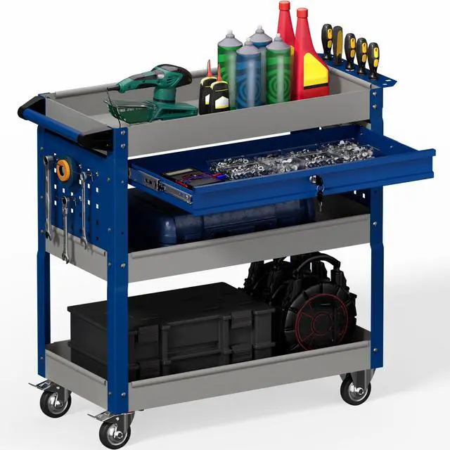 Main image of 3 Tier Rolling Tool Cart on Wheels, Heavy Duty Industrial Utility Cart Service Cart with Drawer and Screwdriver Rack Pegboard, 550 LBS Mobile Tool Storage Organizer for Workshop, Garage(Gray-Blue)