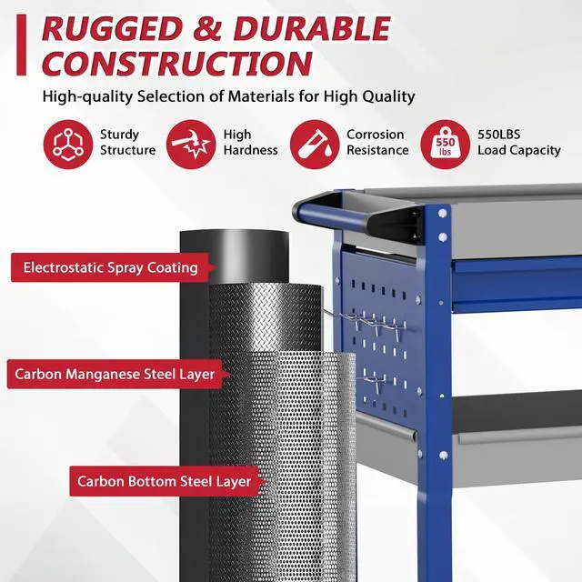Alt view image 2 of 7 - 3 Tier Rolling Tool Cart on Wheels, Heavy Duty Industrial Utility Cart Service Cart with Drawer and Screwdriver Rack Pegboard, 550 LBS Mobile Tool Storage Organizer for Workshop, Garage(Gray-Blue)