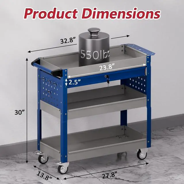Alt view image 3 of 7 - 3 Tier Rolling Tool Cart on Wheels, Heavy Duty Industrial Utility Cart Service Cart with Drawer and Screwdriver Rack Pegboard, 550 LBS Mobile Tool Storage Organizer for Workshop, Garage(Gray-Blue)