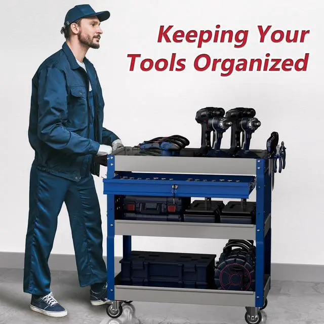 Alt view image 4 of 7 - 3 Tier Rolling Tool Cart on Wheels, Heavy Duty Industrial Utility Cart Service Cart with Drawer and Screwdriver Rack Pegboard, 550 LBS Mobile Tool Storage Organizer for Workshop, Garage(Gray-Blue)