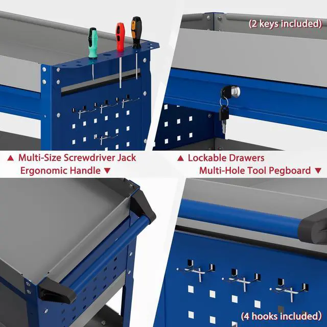 Alt view image 5 of 7 - 3 Tier Rolling Tool Cart on Wheels, Heavy Duty Industrial Utility Cart Service Cart with Drawer and Screwdriver Rack Pegboard, 550 LBS Mobile Tool Storage Organizer for Workshop, Garage(Gray-Blue)