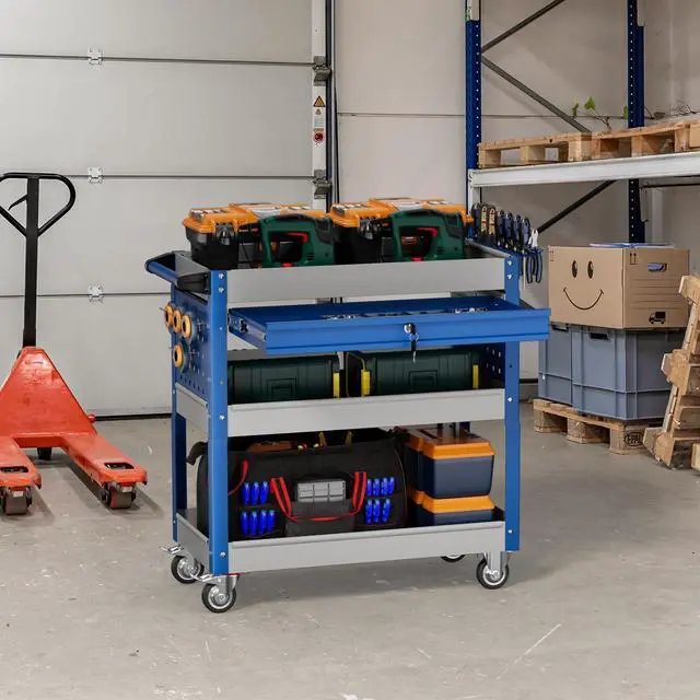 Alt view image 6 of 7 - 3 Tier Rolling Tool Cart on Wheels, Heavy Duty Industrial Utility Cart Service Cart with Drawer and Screwdriver Rack Pegboard, 550 LBS Mobile Tool Storage Organizer for Workshop, Garage(Gray-Blue)