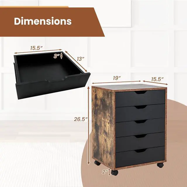 Alt view image 3 of 7 - 5 Drawers File Cabinet, Vertical Filing Cabinet w/ 2-Tone Design | Under Desk Mobile Storage Organizer, Office Storage Cabinet with Wheels, Ideal for Apartment, Home Office, Living Room